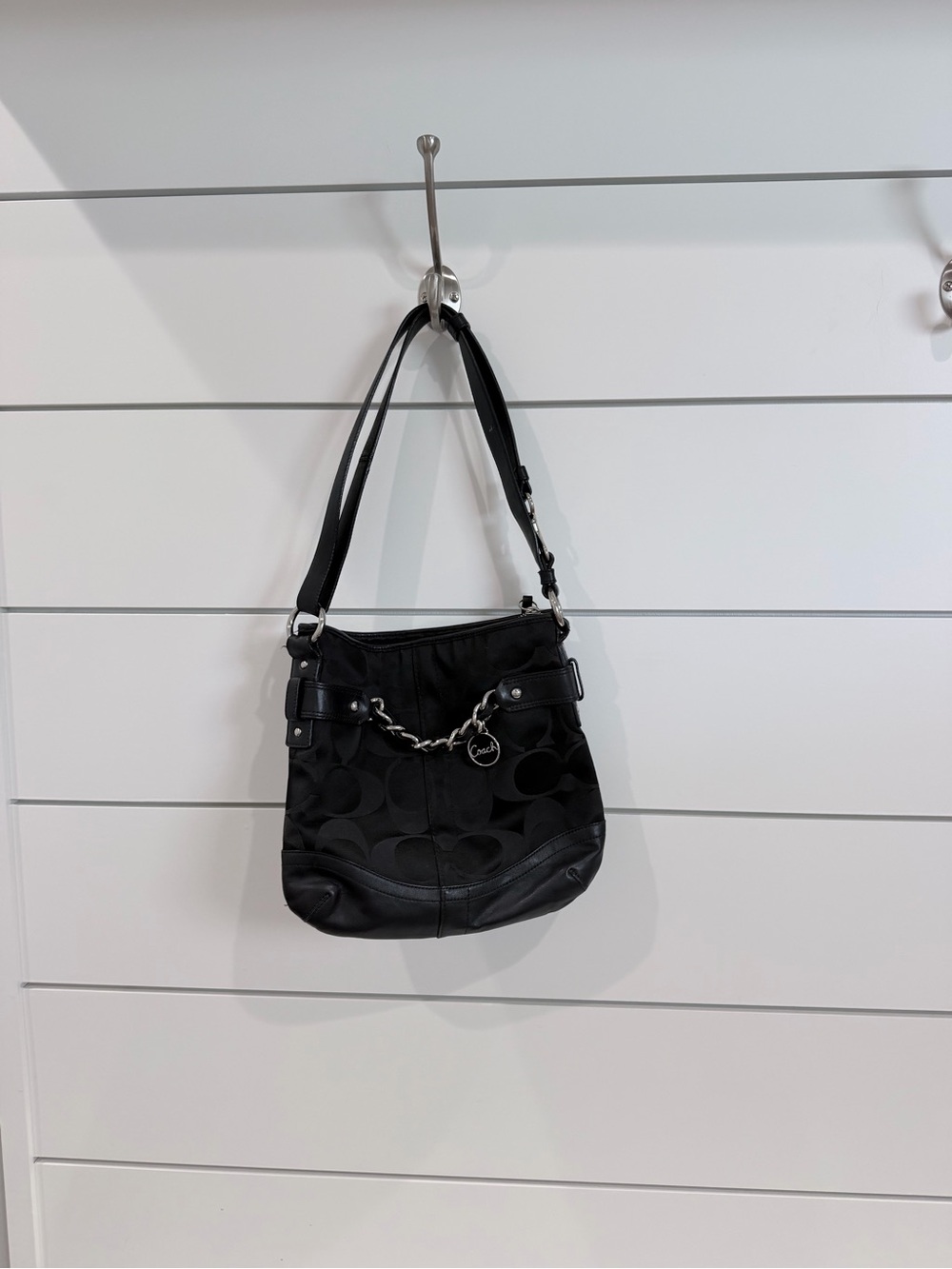 Coach Black Signature Shoulder Bag with Chain Accent